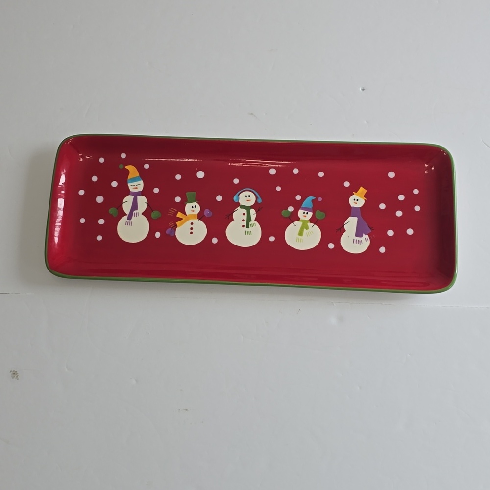 Pier 1 Retired Snowman Family Serving Platter Handpainted Dolomite Red 18.5" X 7